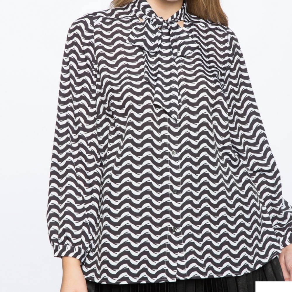 Eloquii Printed Black/White Contrast Bow Blouse